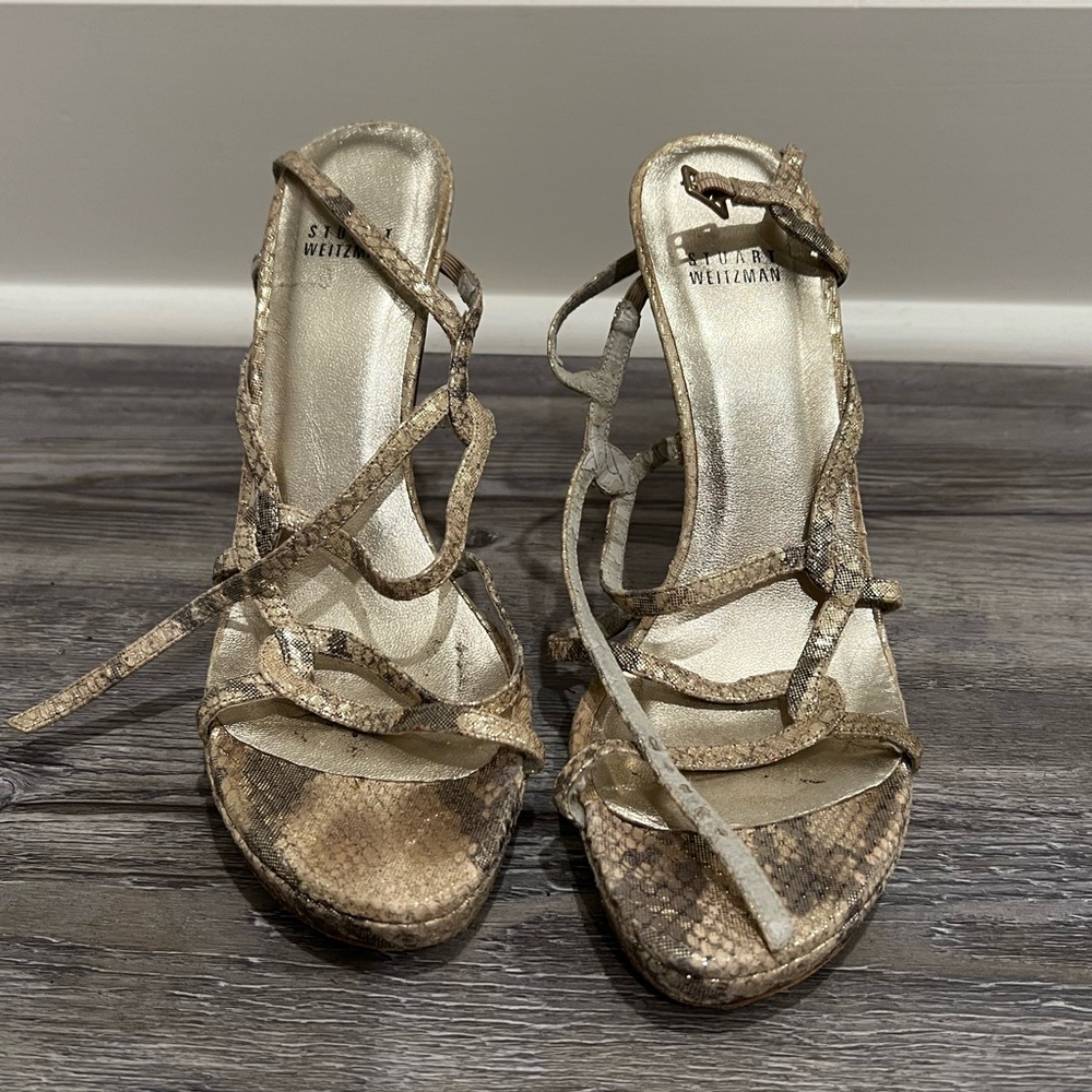 Stuart Weitzman Metallic Snakeskin Strap Heel